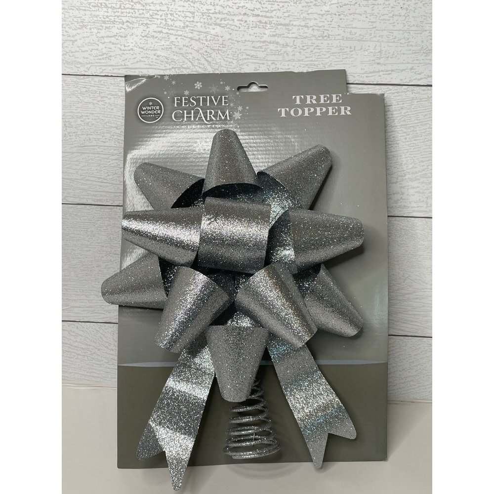 Winter Wonder Lane 13" Tree Topper Silver Glitter Bow Christmas Holiday Decor